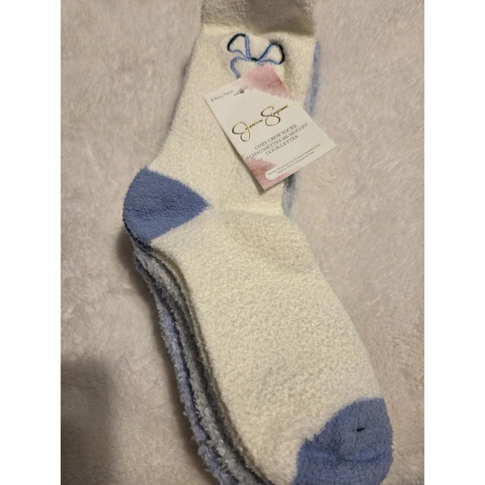 Jessica Simpson 3-Pack‎ Cozy Socks Size 4-10 Blue White Crew-Length New